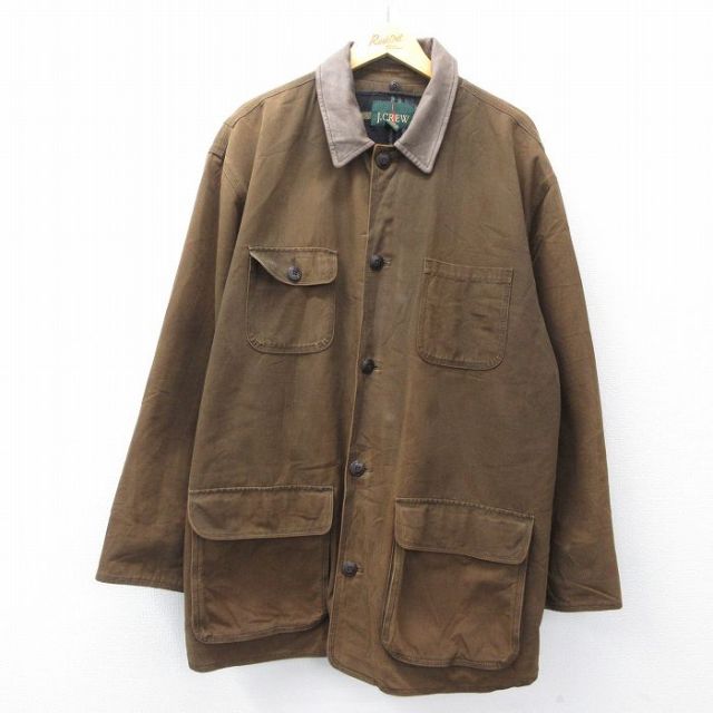 XL★古着 ジェイクルー J.CREW 長袖 カバーオール メンズ 90年代 90s 襟レザー だ大きいサイズ ロング丈 コットン 茶 ブラウン 25oct24 中古 アウター