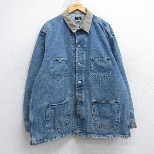 XL★古着 リー Lee 長袖 カバーオール メンズ 90年代 90s RIVETED 襟コーデュロイ 大きいサイズ コットン USA製 紺 デニム【spe】 25nov15