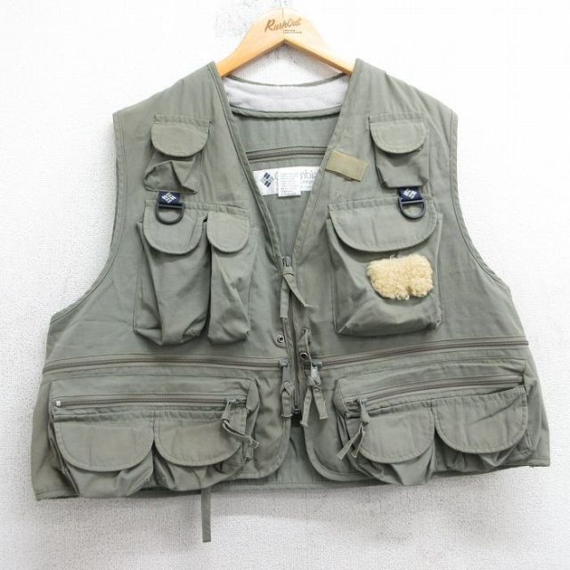 XL★古着 コロンビア フィッシング ベスト メンズ 90年代 90s PFG 襟フリース 濃緑系 25nov15