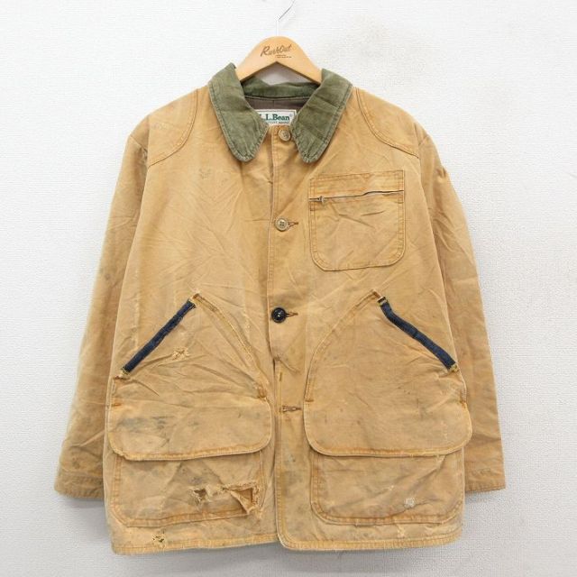 XL★古着 エルエルビーン 長袖 カバーオール メンズ 80年代 80s 襟コーデュロイ ダック地 ベージュ 25nov20