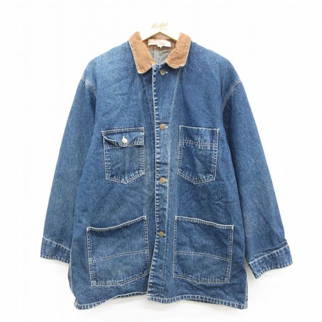 L★古着 長袖 カバーオール メンズ 90年代 90s 襟コーデュロイ ロング丈 紺 デニム【spe】 25nov20
