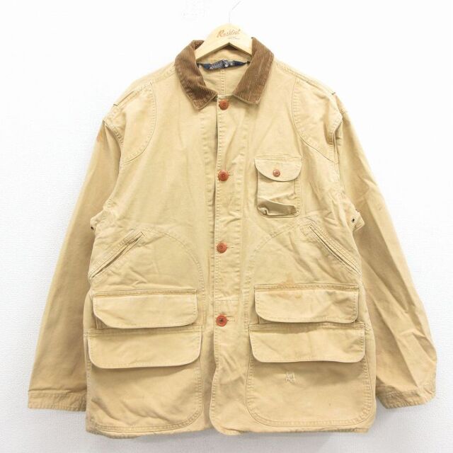 XL★古着 ラルフローレン 長袖 ブランド ハンティング ジャケット メンズ 90年代 90s ダック地 大きいサイズ 襟コーデュロイ ベージュ【spe】 25nov27