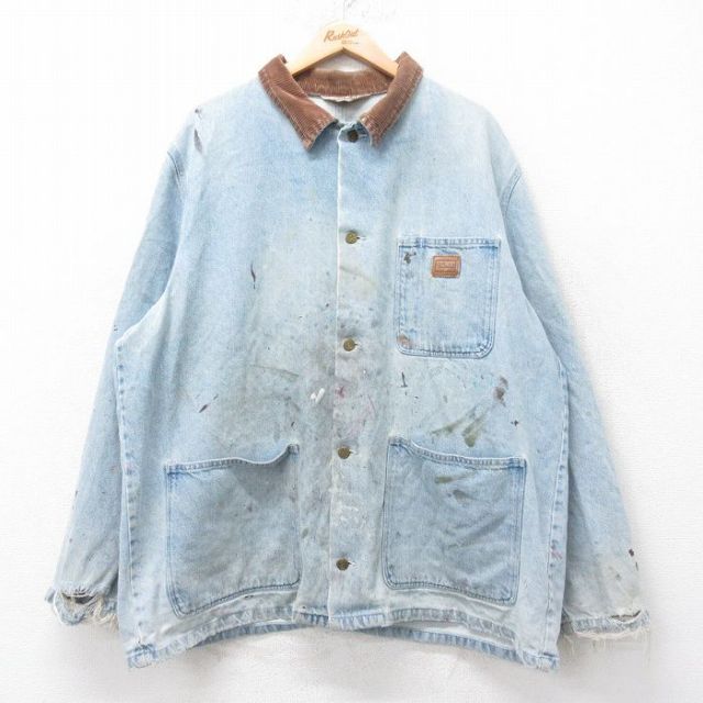XL★古着 ウォールズ 長袖 カバーオール メンズ 80年代 80s ボロ 襟コーデュロイ 大きいサイズ 紺 デニム他【spe】 25dec17