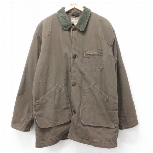 XL★古着 エルエルビーン 長袖 ハンティング ジャケット メンズ 00年代 00s ダック地 襟コーデュロイ 大きいサイズ ロング丈 こげ茶他 内側ウール 25dec17