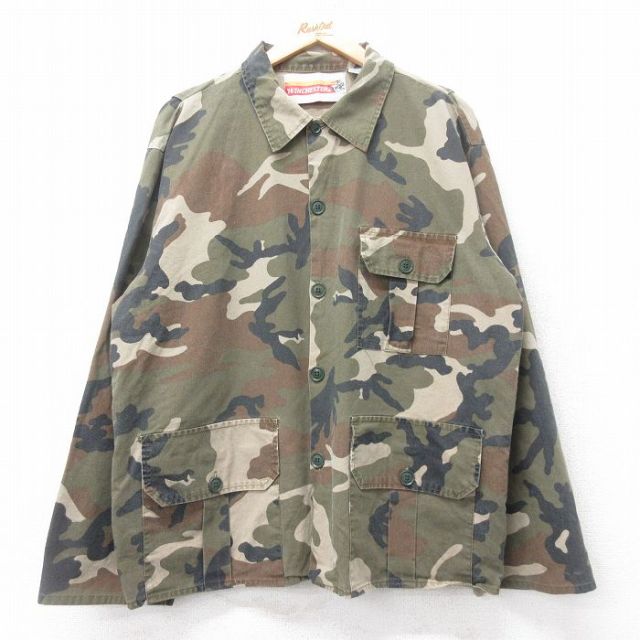 XL★古着 長袖 ハンティング ジャケット メンズ 00年代 00s ウッドランドカモ 大きいサイズ コットン 茶他 迷彩 26jan20