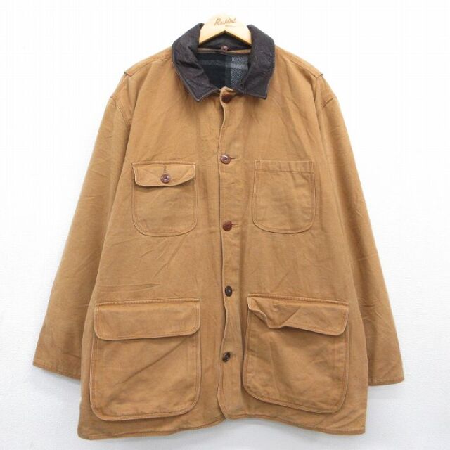 XL★古着 ジェイクルー 長袖 カバーオール メンズ 90年代 90s ダック地 襟レザー 大きいサイズ ロング丈 コットン ブラウン 内側フランネル【spe】 26aug10