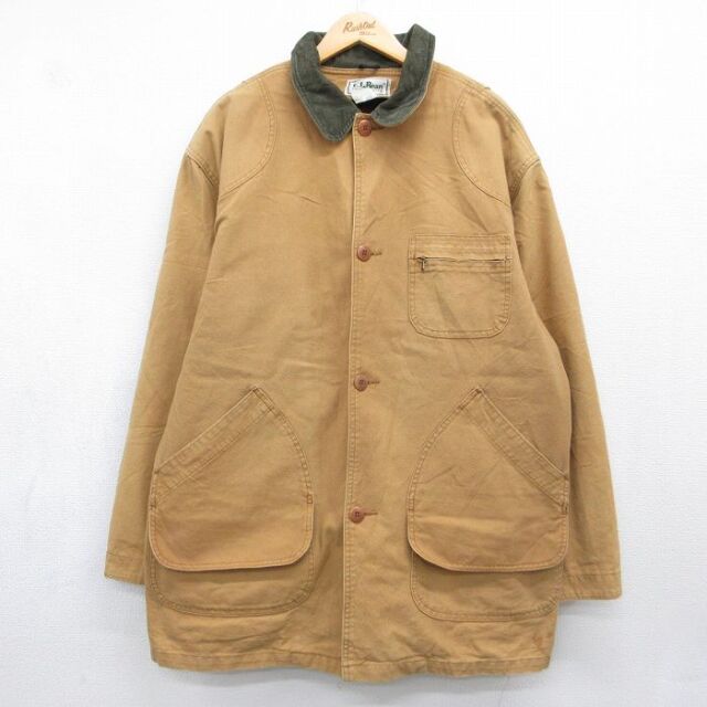 XL★古着 エルエルビーン 長袖 ハンティング ジャケット メンズ 80年代 80s ダック地 襟コーデュロイ 大きいサイズ ロング丈 コットン USA製 ブラウン 内側ブランケット【spe】 26aug10