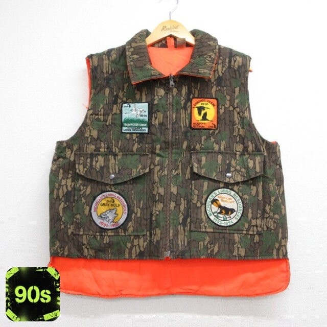 カバーオール 90s ハンティングベスト リバーシブル ワッペン ベージュ メンズXL相当 | 古着