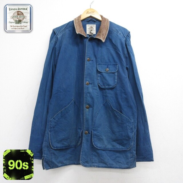 XL★古着 Banana Republic 長袖 カバーオール メンズ 90年代 90s ハンティングジャケット ロング丈 襟レザー コットン ネイビー【spe】 26sep09