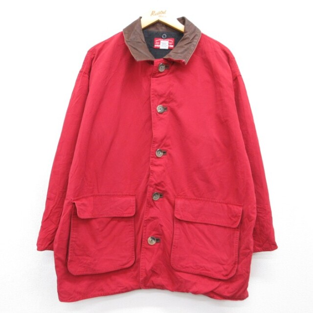 XL★古着 Marlboro 長袖 カバーオール メンズ 90年代 90s えりレザー マルボロ フラップポケット コットン レッド【spe】 26sep10