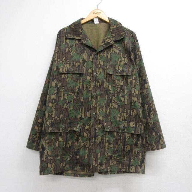 XL★古着 Trebark 長袖 カバーオール メンズ 80年代 80s TREBARK ジャケット フラップポケット ハンティング オープンカラー 大きいサイズ USA製 カーキ 迷彩【spe】 26sep15