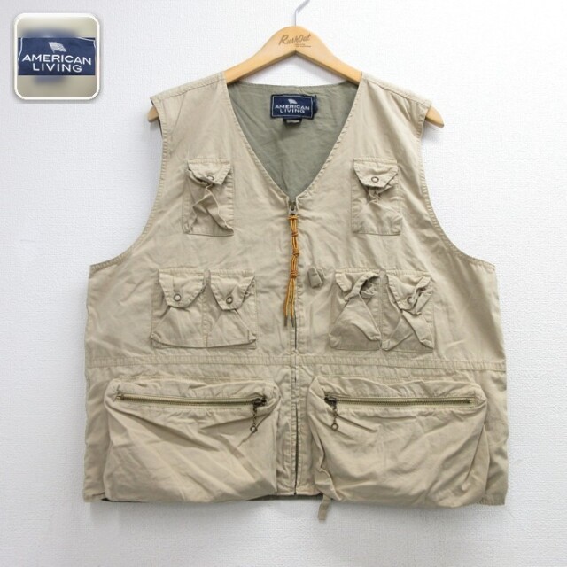 AMERICAN LIVING ベスト フィッシング コットン Vネック ベージュ メンズL相当 | 古着