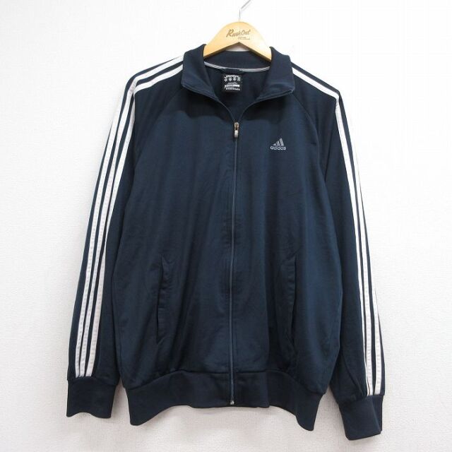L★古着 アディダス adidas 長袖 ジャージ メンズ ワンポイントロゴ ラグラン ネイビー 3本ライン 26jul21