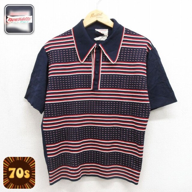 70s 半袖ニット ネイビー メンズM相当 | 古着
