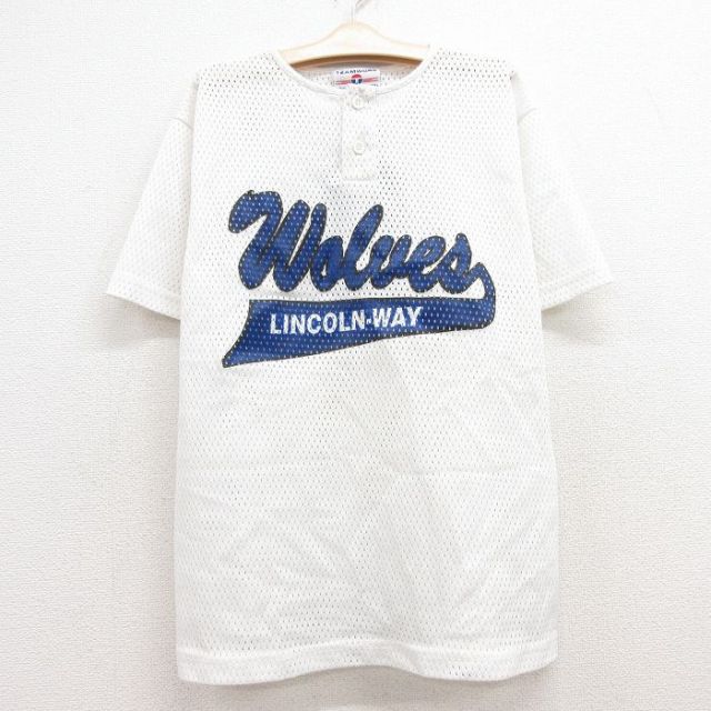 古着 半袖 ビンテージ Tシャツ キッズ ボーイズ 子供服 90年代 90s wolves メッシュ地 ヘンリーネック USA製 白 ホワイト 24feb20