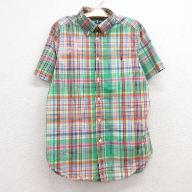 古着 ラルフローレン Ralph Lauren 半袖 ブランド シャツ キッズ ボーイズ 子供服 90年代 90s ワンポイントロゴ コットン ボタンダウン 緑他 グリーン チェック 24jun19