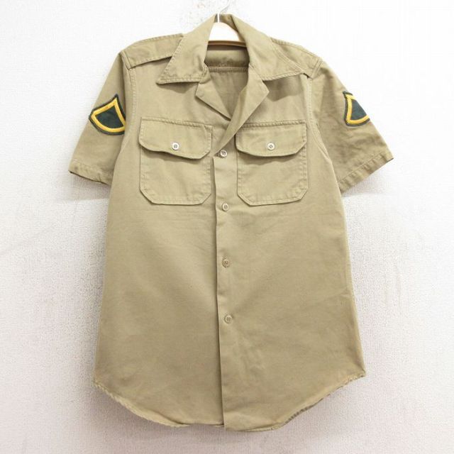 古着 半袖 ビンテージ ミリタリー シャツ キッズ ボーイズ 子供服 70年代 70s 開襟 オープンカラー ベージュ カーキ 24aug20