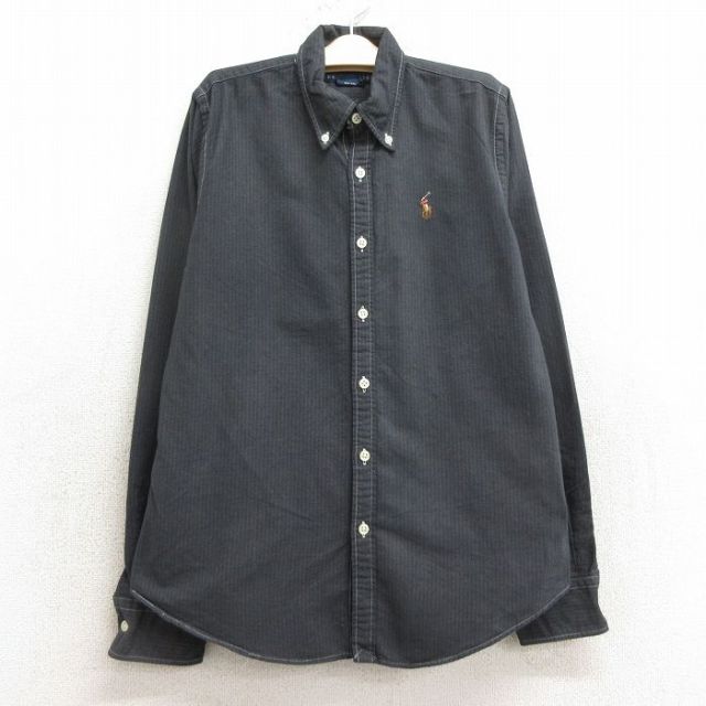 古着 ラルフローレン Ralph Lauren 長袖 ブランド シャツ キッズ ボーイズ 子供服 90年代 90s ワンポイントロゴ オックスフォード コットン ボタンダウン 濃グレー ストライプ 24aug26