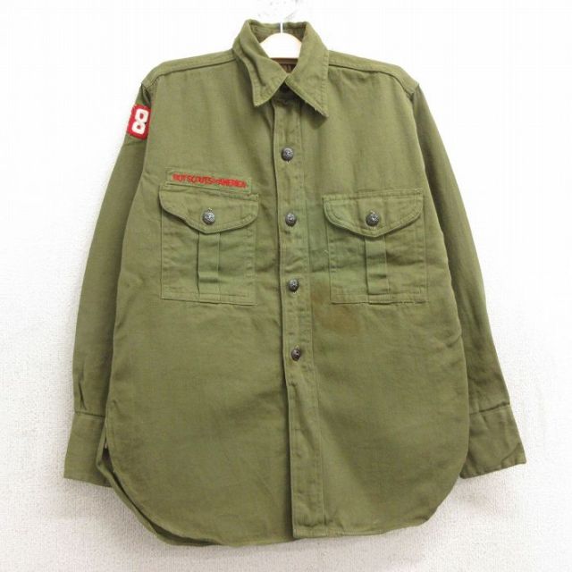 古着 長袖 ビンテージ ボーイスカウト シャツ キッズ ボーイズ 子供服 60年代 60s ワッペン マチ付き 濃緑 グリーン 24sep07
