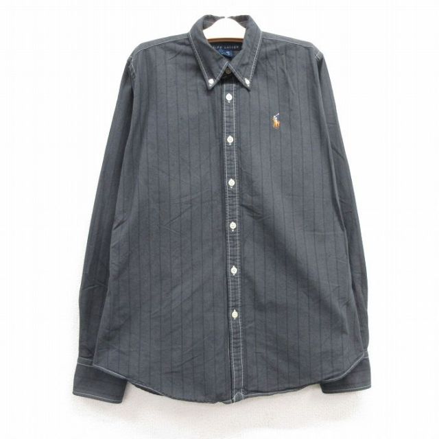 古着 ラルフローレン Ralph Lauren 長袖 ブランド シャツ キッズ ボーイズ 子供服 ワンポイントロゴ オックスフォード コットン ボタンダウン 黒系 ブラック ストライプ 24oct22