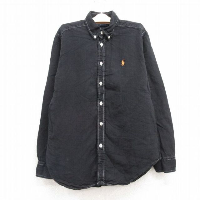 古着 ラルフローレン Ralph Lauren 長袖 ブランド シャツ キッズ ボーイズ 子供服 90年代 90s ワンポイントロゴ リネン ボタンダウン 黒 ブラック 24oct22