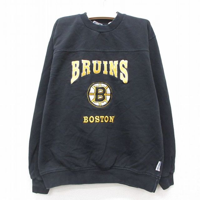 古着 マイティマック 長袖 スウェット キッズ ボーイズ 子供服 00年代 00s NHL ボストンブルーインズ 刺繍 コットン クルーネック 黒 ブラック アイスホッケー 25jan07