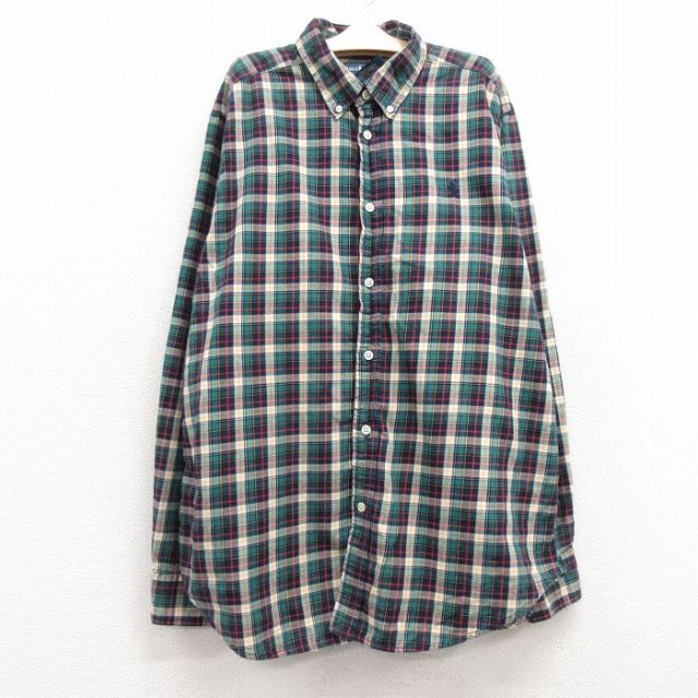 【20%OFF】古着 ラルフローレン Ralph Lauren 長袖 ブランド シャツ キッズ ボーイズ 子供服 90年代 90s ワンポイントロゴ コットン ボタンダウン 緑他 グリーン チェック 25jan23