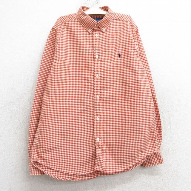 古着ラルフローレン 長袖 ブランド シャツ キッズ ボーイズ 子供服 ワンポイントロゴ コットン ボタンダウン オレンジ他 ギンガム チェック 25feb01