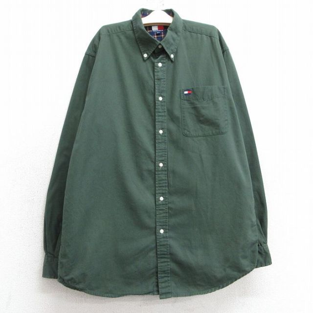 古着 トミーヒルフィガー TOMMY HILFIGER 長袖 ブランド シャツ キッズ ボーイズ 子供服 90年代 90s ワンポイントロゴ コットン ボタンダウン 濃緑 グリーン 25feb06