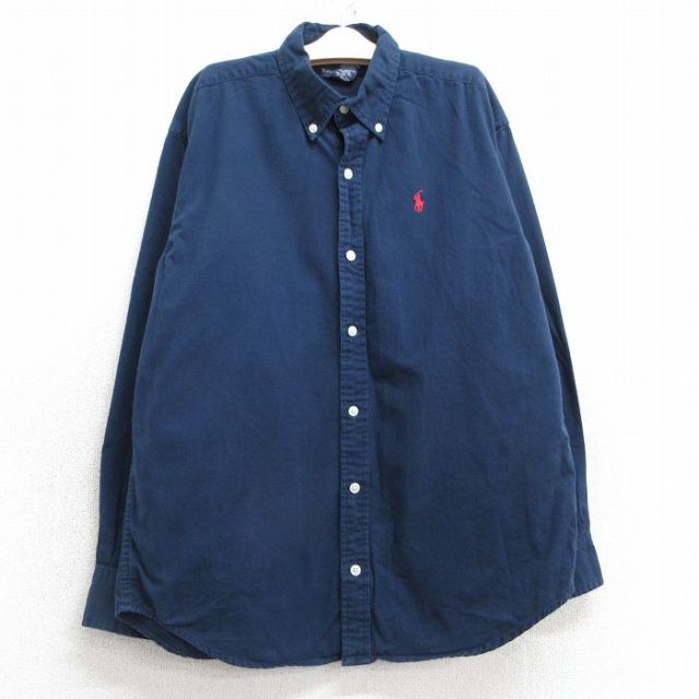 古着 ラルフローレン Ralph Lauren 長袖 ブランド シャツ キッズ ボーイズ 子供服 90年代 90s ワンポイントロゴ コットン ボタンダウン 紺 ネイビー 25feb06