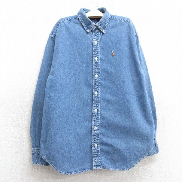 古着 ラルフローレン Ralph Lauren 長袖 ブランド シャツ キッズ ボーイズ 子供服 90年代 90s ワンポイントロゴ コットン ボタンダウン 紺 ネイビー デニム 【spe】 25feb06