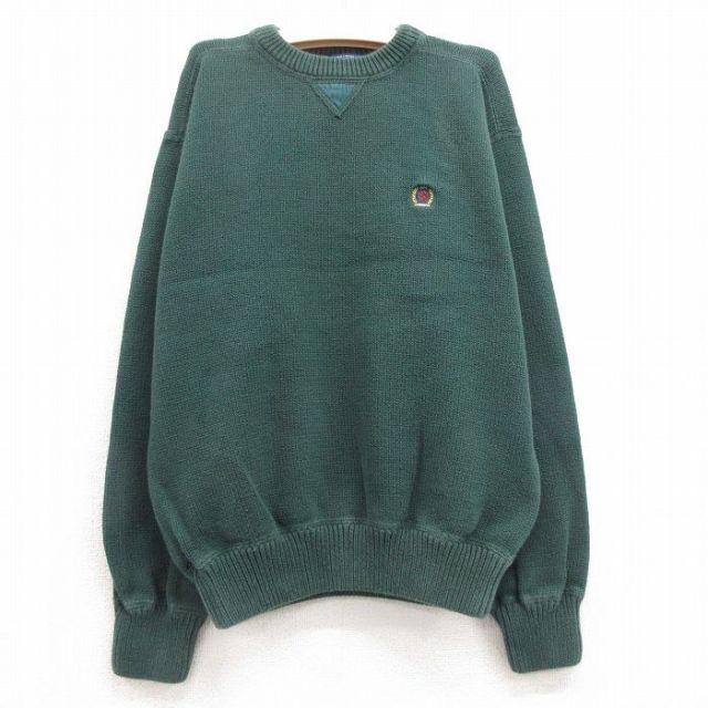 古着 トミーヒルフィガー TOMMY HILFIGER 長袖 ブランド セーター キッズ ボーイズ 子供服 90年代 90s ワンポイントロゴ コットン クルーネック 緑 グリーン 25feb13