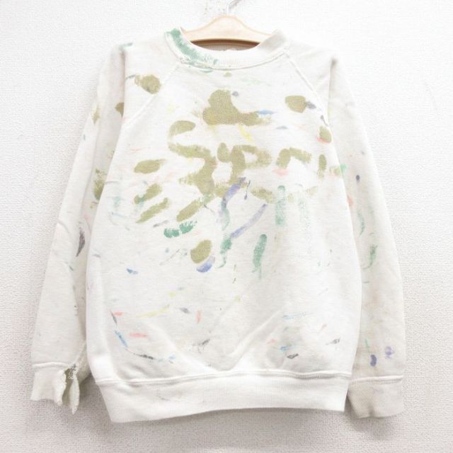 古着 長袖 スウェット キッズ ボーイズ 子供服 80年代 80s ハンドペイント ラグラン クルーネック 白他 ホワイト 25feb13
