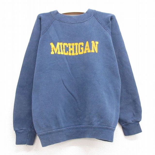 古着 長袖 スウェット キッズ ボーイズ 子供服 80年代 80s ミシガン ラグラン クルーネック USA製 紺 ネイビー 25feb13