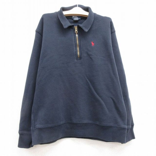古着 ラルフローレン Ralph Lauren 長袖 ブランド ハーフジップ トップス キッズ ボーイズ 子供服 90年代 90s ワンポイントロゴ コットン 襟付き 紺 ネイビー 25feb13