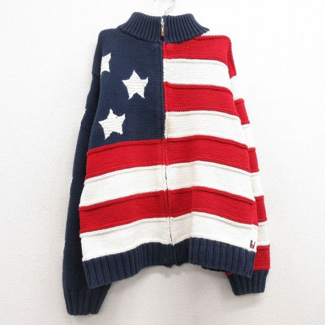 古着 トミーヒルフィガー TOMMY HILFIGER ジーンズ 長袖 ブランド フルジップ ニット カーディガン キッズ ボーイズ 子供服 星条旗 手編み ハンドニット コットン 紺他 ネイビー 25feb13