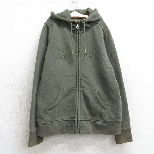 古着 カーハート Carhartt 長袖 スウェット フルジップ パーカー キッズ ボーイズ 子供服 ビッグロゴ 刺繍 濃緑 グリーン 25feb26
