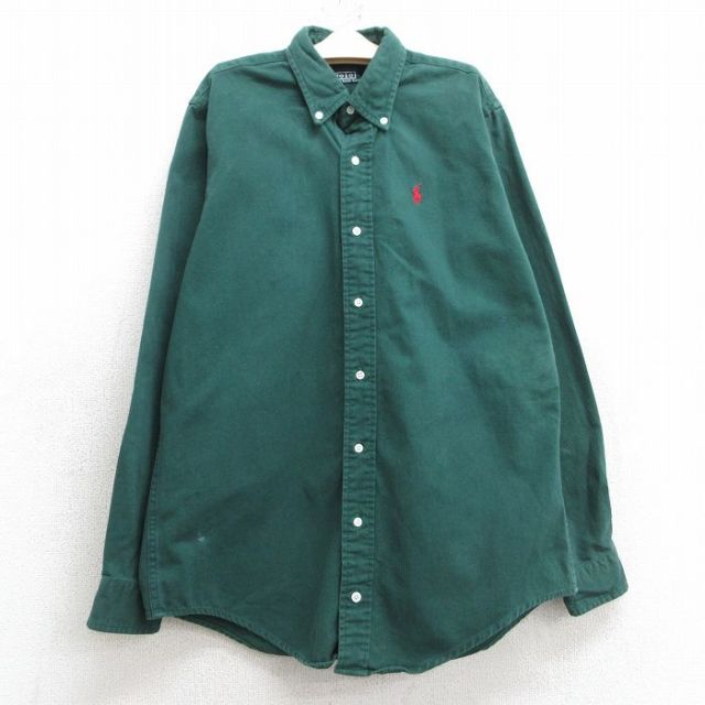 古着 ラルフローレン Ralph Lauren 長袖 ブランド シャツ キッズ ボーイズ 子供服 90年代 90s ワンポイントロゴ コットン ボタンダウン 緑 グリーン 25mar03