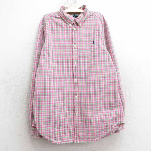 古着 ラルフローレン Ralph Lauren 長袖 ブランド シャツ キッズ ボーイズ 子供服 90年代 90s ワンポイントロゴ コットン ボタンダウン ピンク他 チェック 25mar03