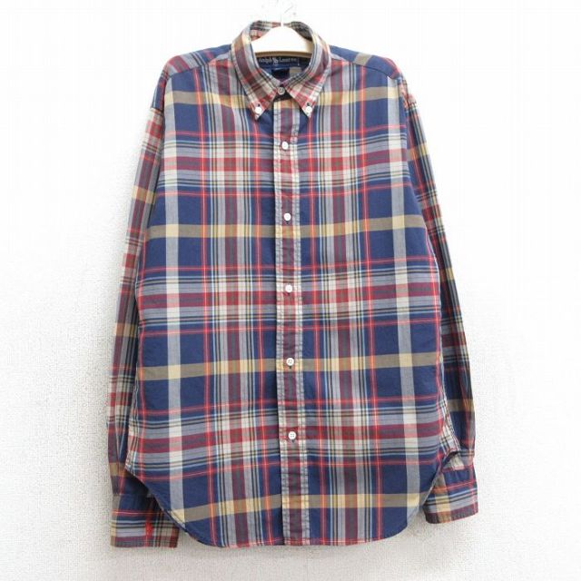 古着 ラルフローレン Ralph Lauren 長袖 ブランド シャツ キッズ ボーイズ 子供服 90年代 90s ワンポイントロゴ コットン ボタンダウン 紺他 ネイビー チェック 25mar03