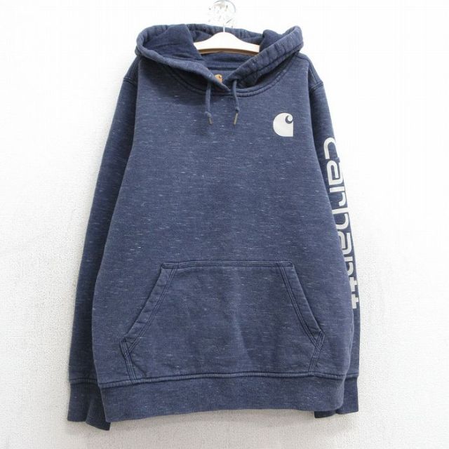 古着 カーハート Carhartt 長袖 スウェット パーカー キッズ ボーイズ 子供服 ビッグロゴ 紺系 ネイビー 霜降り 25mar03