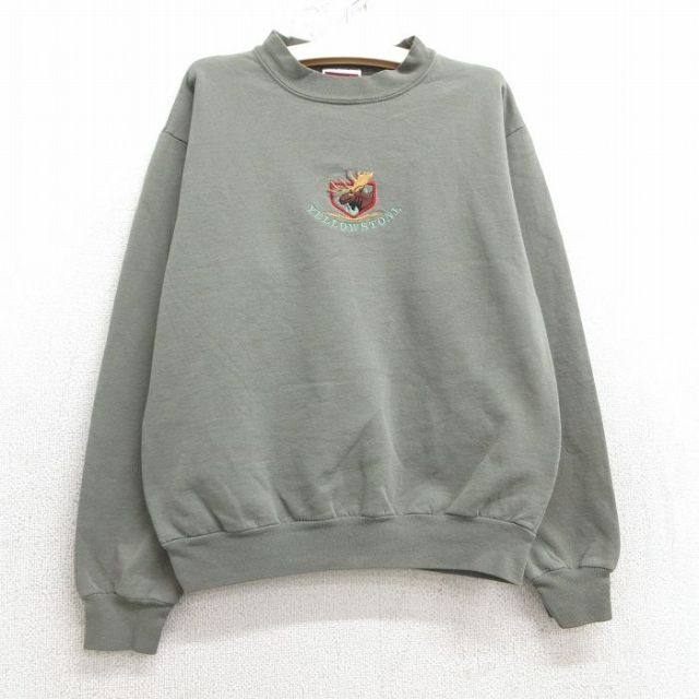 古着 長袖 スウェット キッズ ボーイズ 子供服 90年代 90s シカ イエローストーン 刺繍 クルーネック USA製 濃緑 グリーン 25mar04
