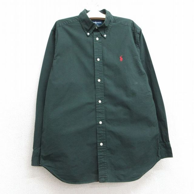 【50%OFF】古着 ラルフローレン Ralph Lauren 長袖 ブランド シャツ キッズ ボーイズ 子供服 90年代 90s ワンポイントロゴ コットン ボタンダウン 緑 グリーン 25mar04