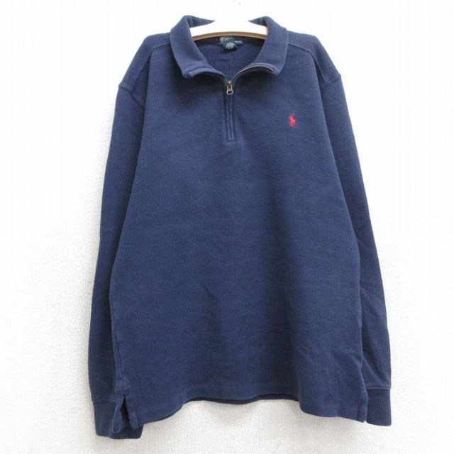 古着 ラルフローレン Ralph Lauren 長袖 ブランド ハーフジップ トップス キッズ ボーイズ 子供服 90年代 90s ワンポイントロゴ コットン 紺 ネイビー 25mar04