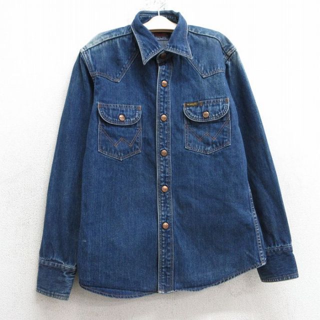 古着 ラングラー Wrangler 長袖 ウエスタン シャツ キッズ ボーイズ 子供服 濃紺 ネイビー デニム 25mar04
