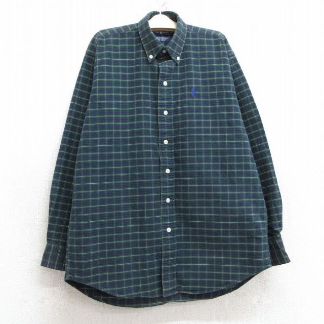 古着 ラルフローレン Ralph Lauren 長袖 ブランド シャツ キッズ ボーイズ 子供服 90年代 90s ワンポイントロゴ コットン ボタンダウン 緑他 グリーン チェック 25mar04