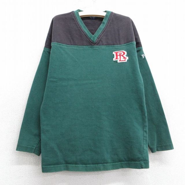 古着 ラルフローレン Ralph Lauren 長袖 ブランド フットボール Tシャツ キッズ ボーイズ 子供服 90年代 90s ワンポイントロゴ ツートンカラー Vネック 緑他 グリーン 25mar26