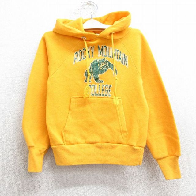 古着 チャンピオン champion 長袖 スウェット パーカー キッズ ボーイズ 子供服 80年代 80s ロッキーマウンテン カレッジ ラグラン USA製 黄 イエロー 【spe】 25mar26