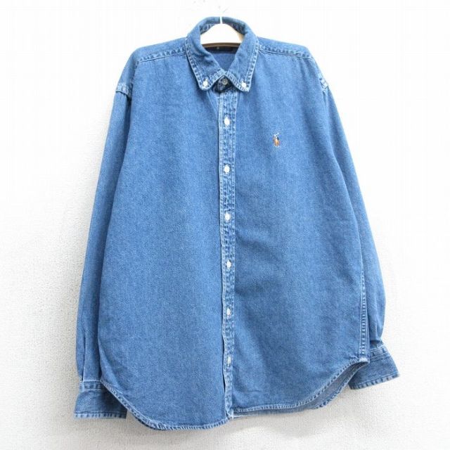 古着 ラルフローレン Ralph Lauren 長袖 ブランド シャツ キッズ ボーイズ 子供服 90年代 90s ワンポイントロゴ ボタンダウン 紺 ネイビー デニム 25mar26