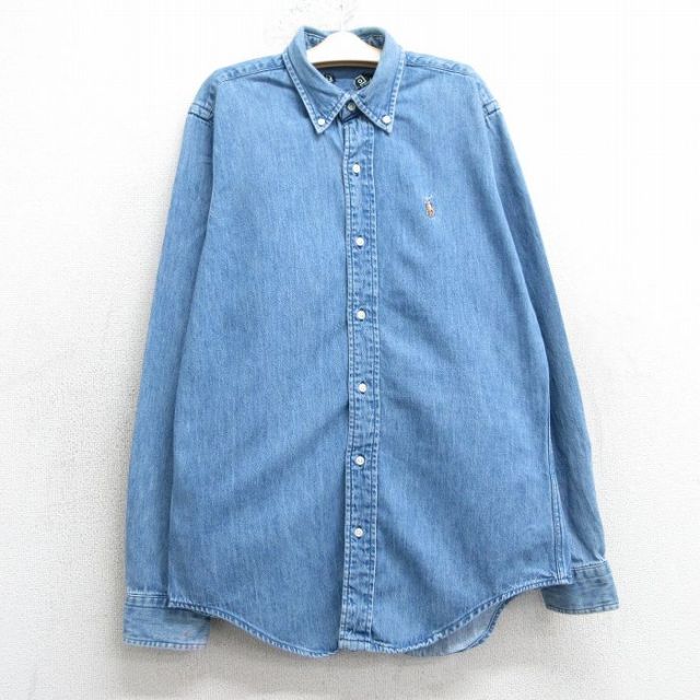 【20%OFF】古着 ラルフローレン Ralph Lauren 長袖 ブランド シャツ キッズ ボーイズ 子供服 90年代 90s ワンポイントロゴ コットン ボタンダウン USA製 紺 ネイビー デニム 【spe】 25mar26